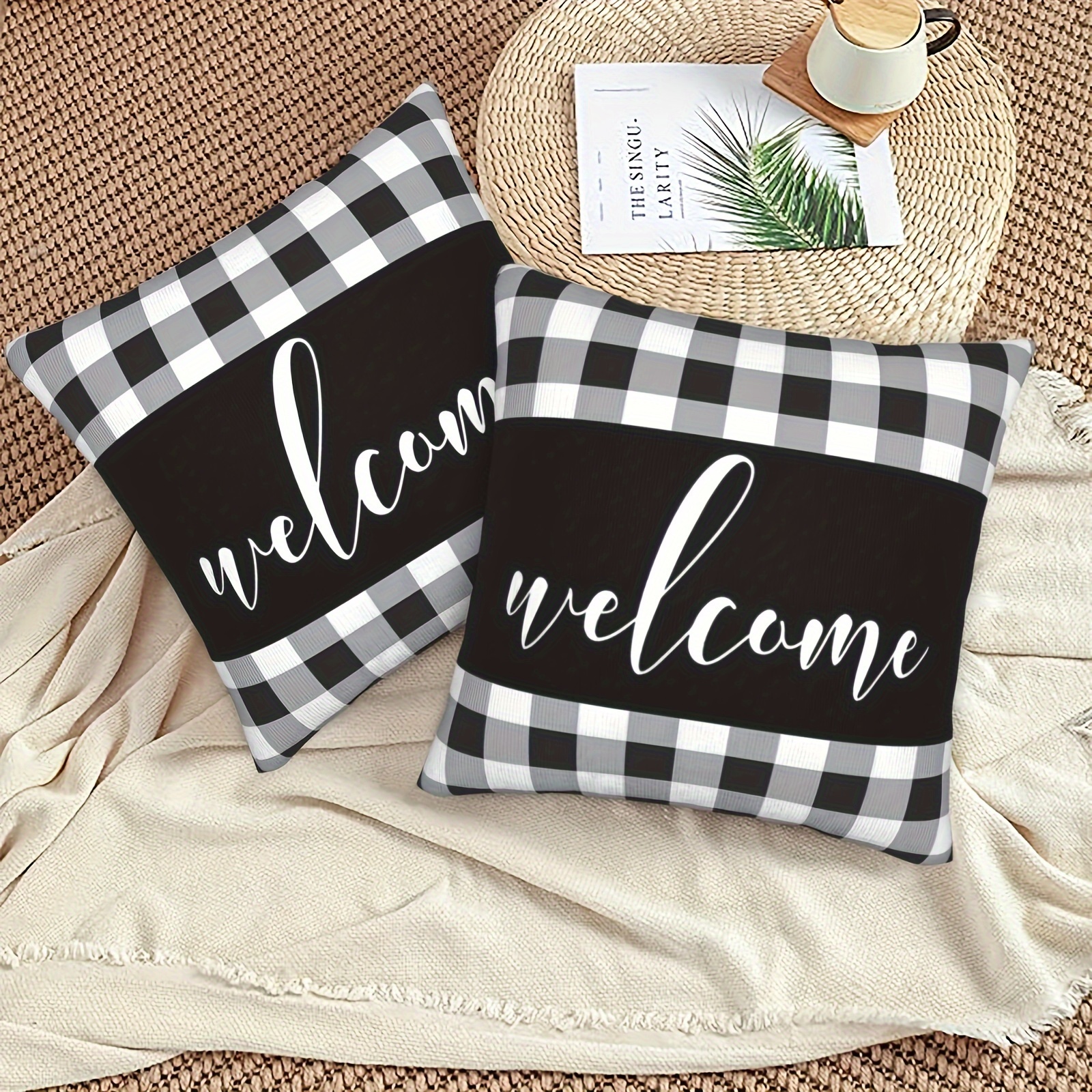 

2pcs Welcome Pillow Covers, 18x18 Inch - Black & White Grid Design For Sofa And Bedroom Decor, Allergy-friendly Polyester, Zip Closure