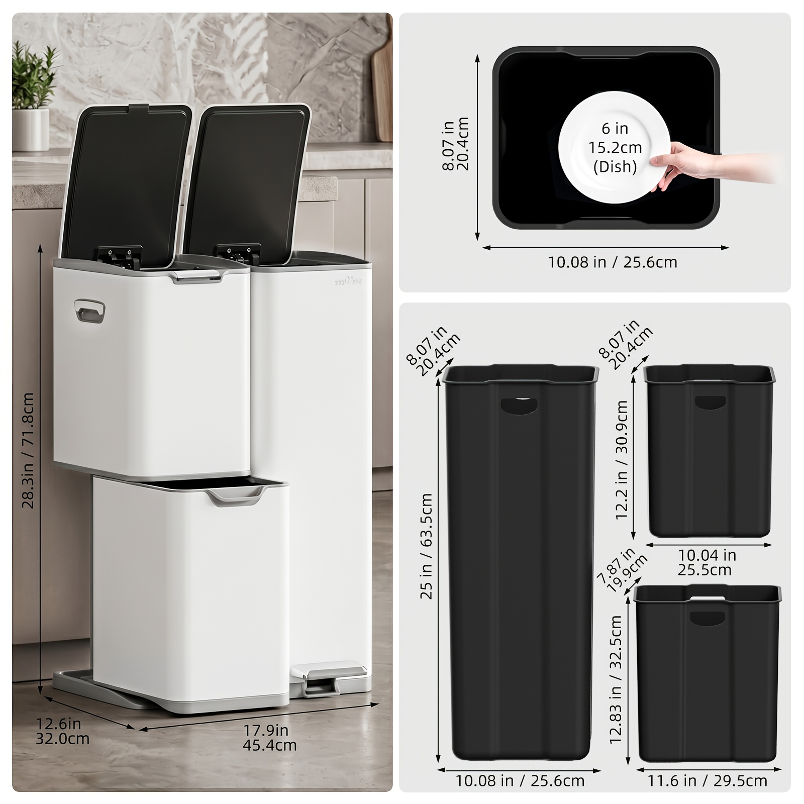 TEMU Mvm 60l Stainless Steel 3-in- Pedal Drawer Button Triple Opening Quiet Close System 3 Removable Inner Buckets For Recycling For Home Kitchen