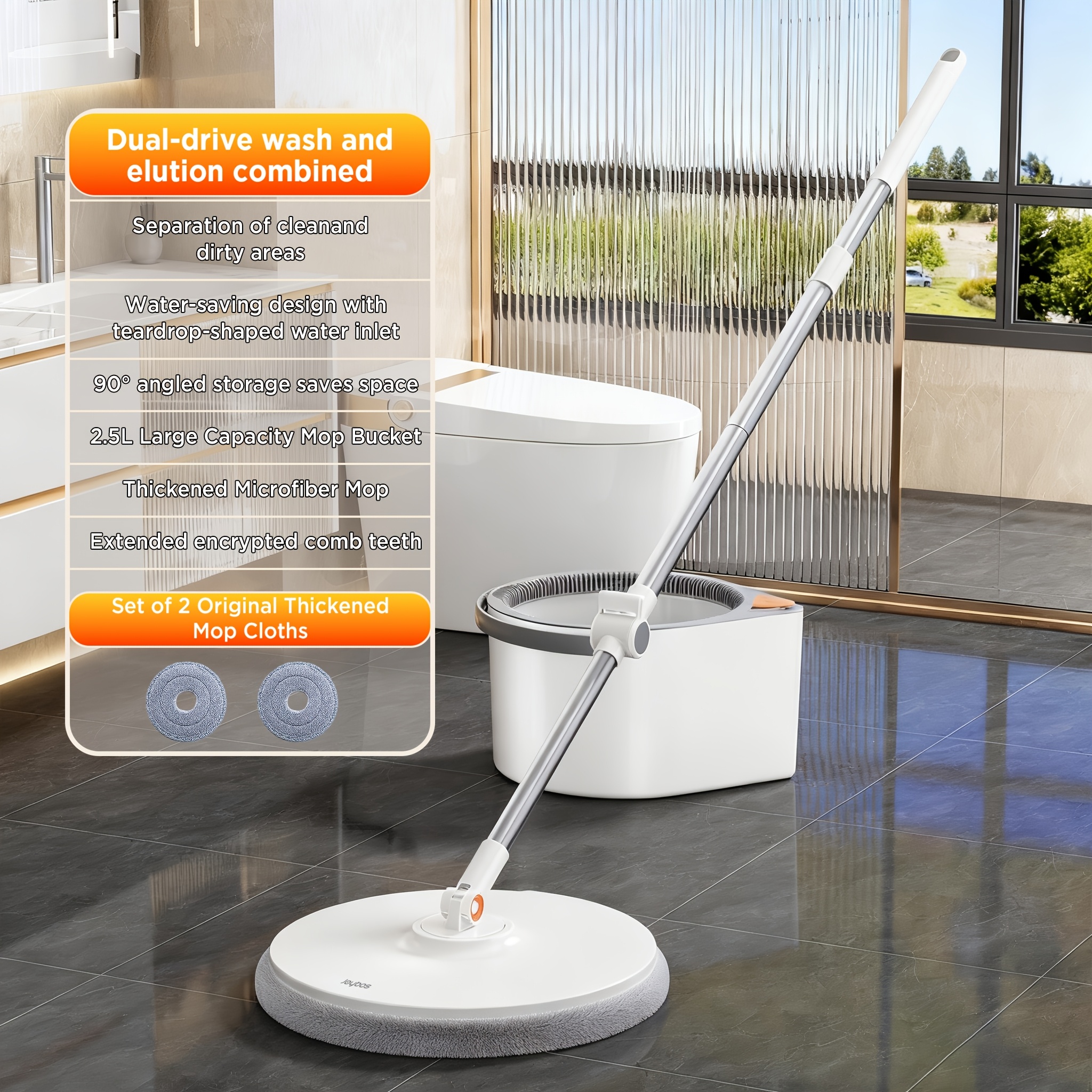 Wringing Spin Mop And Bucket With A 90° Adjustable Handle, Featuring Dual Microfiber Mop Pads And 2 Extra Refill Pads For Effective Floor Cleaning