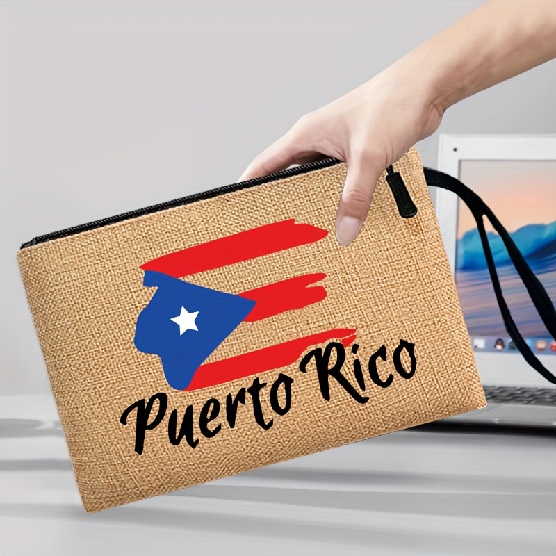 

Puerto Flag-inspired Linen Makeup Bag - Portable Zippered Cosmetic Organizer, Lightweight Travel Toiletry Pouch With Wrist Strap, Hand-washable, Ginger Yellow, Portable Cosmetic Bag