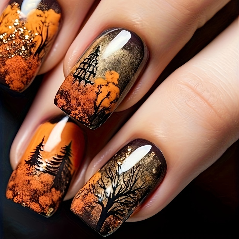 

24pcs Set Of Medium Square Press-on Nails - Autumn Maple Leaf & , , Brown/black Gradient - Fall Fashion