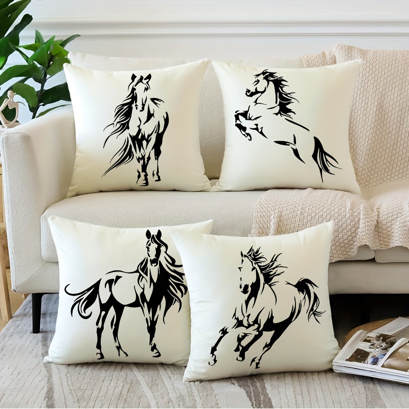 

4-pack Traditional Horse Print Throw Pillow Covers, 18x18 Inch, Machine Washable, Zippered Polyester Cushion Cases For Home & Bedroom Decor, Woven Fabric, Fits Room Types - No Insert