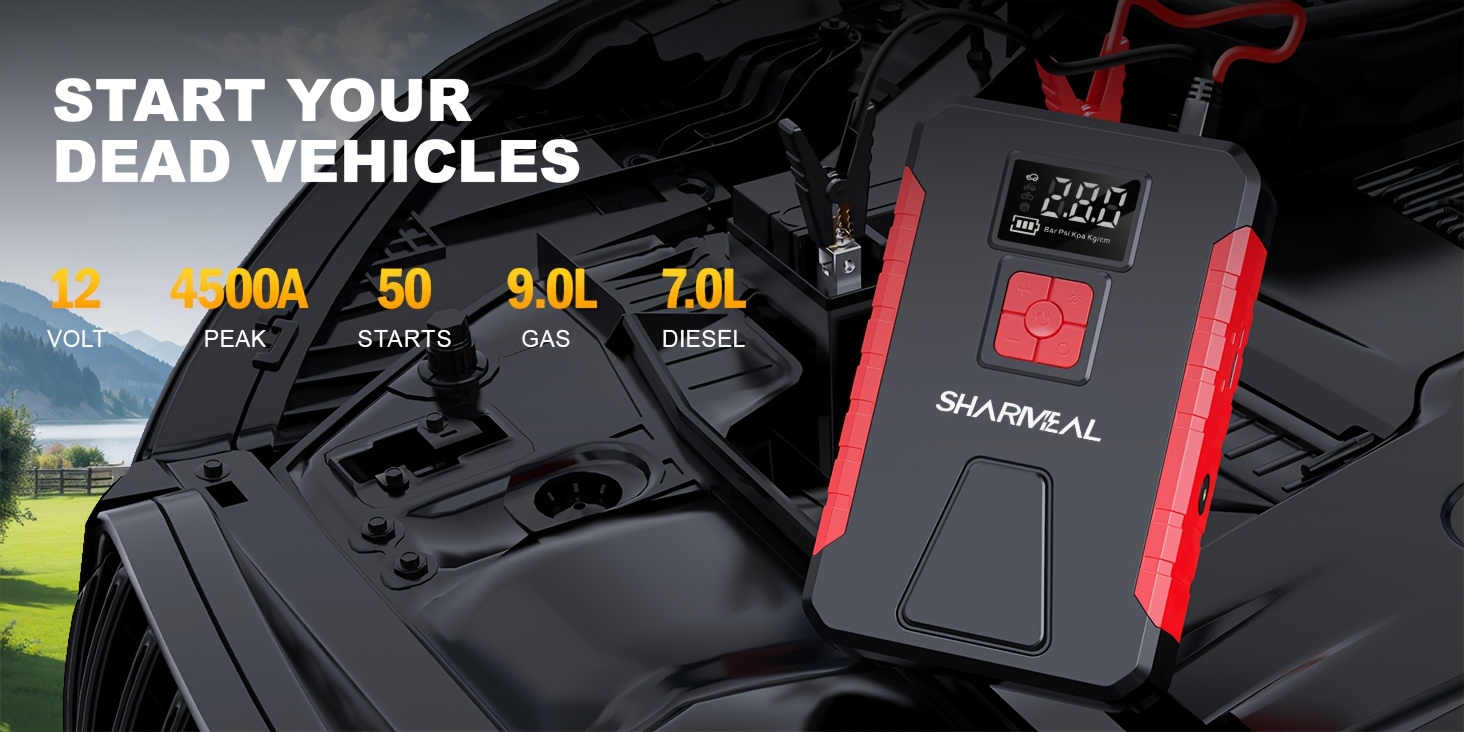 sharweal 4500a peak automotive jump starter 150psi tire inflator air compressor car jump starter emergency battery booster compressor with real time pressure monitoring led safety light usb c power bank details 0