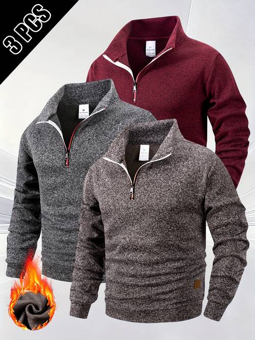 item picture 3pcs mens half zip stand collar sweatshirt warm zip up pullover with solid color minimalist fashion fleece long sleeve casual outdoor gym hiking daily wear