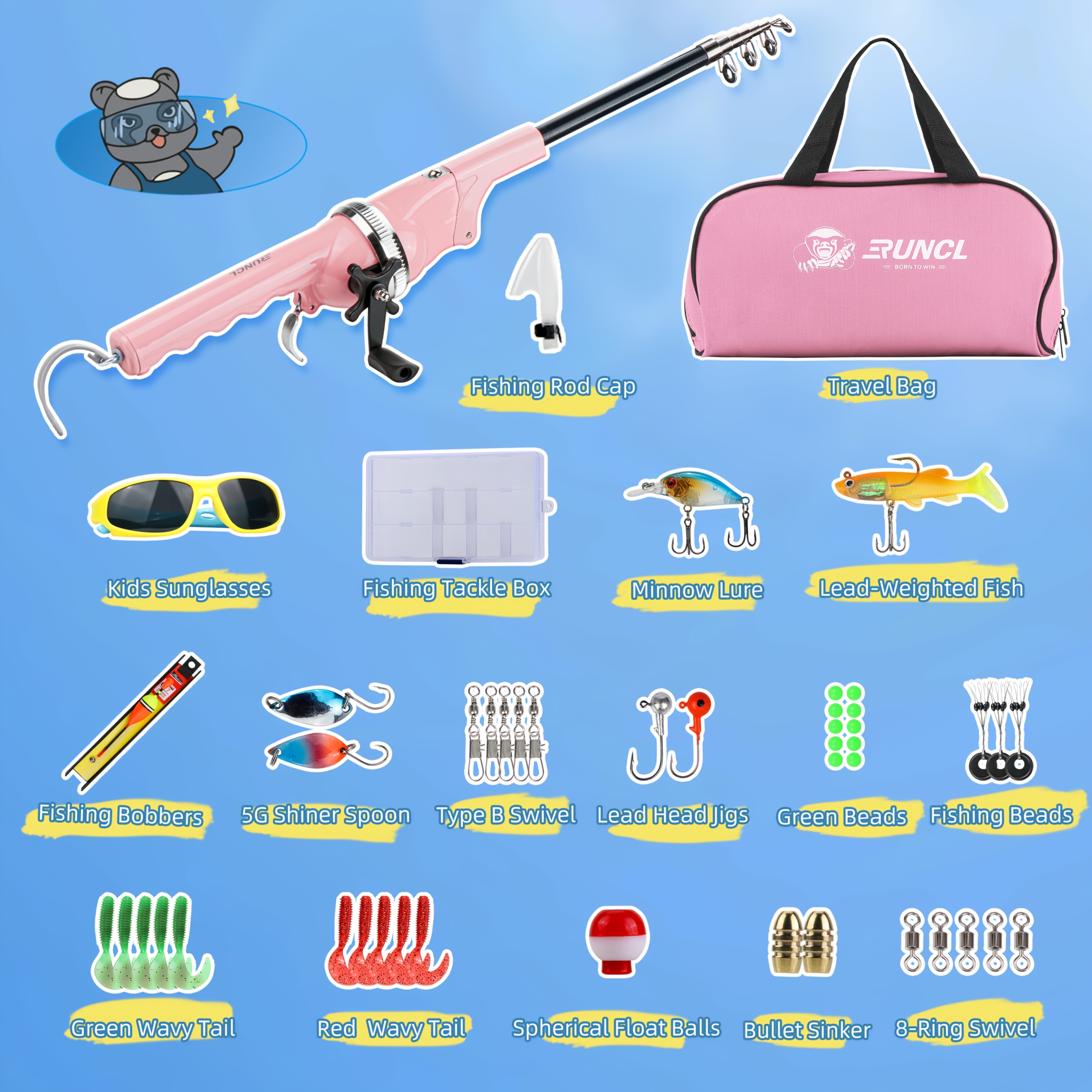 Runcl Kids Fishing Pole Set, Telescopic Fishing Rod & Reel Combo Kit With Spincast Reel, Pre- Line, Tackle Box, Glasses & Travel Bag, Portable Beginner Fishing Gear For , , Camping, & Gift