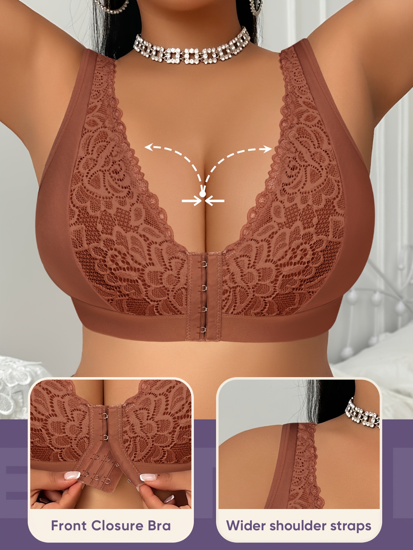 1pc womens plus size wireless bra wide straps front closure   lace jacquard pressure relief and shockproof support and lift suitable for plus size and large bust