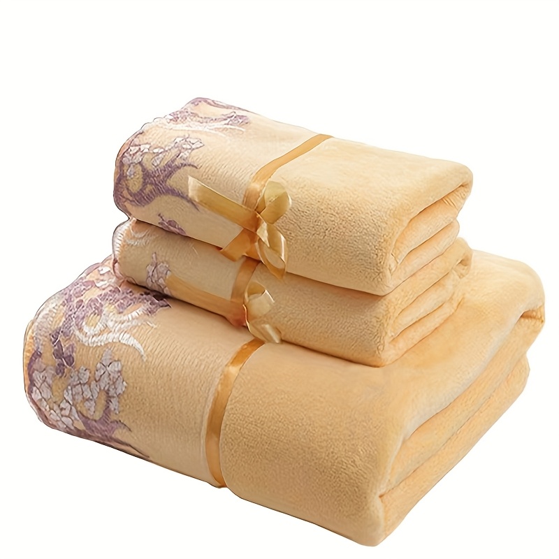 TEMU Luxury 3pcs Lace Embroidered Towel Set, Microfiber Towel, Includes 2 Towels And 1 Bath Towel, , Quick-drying And Non-fading Bath Towel Fabric,