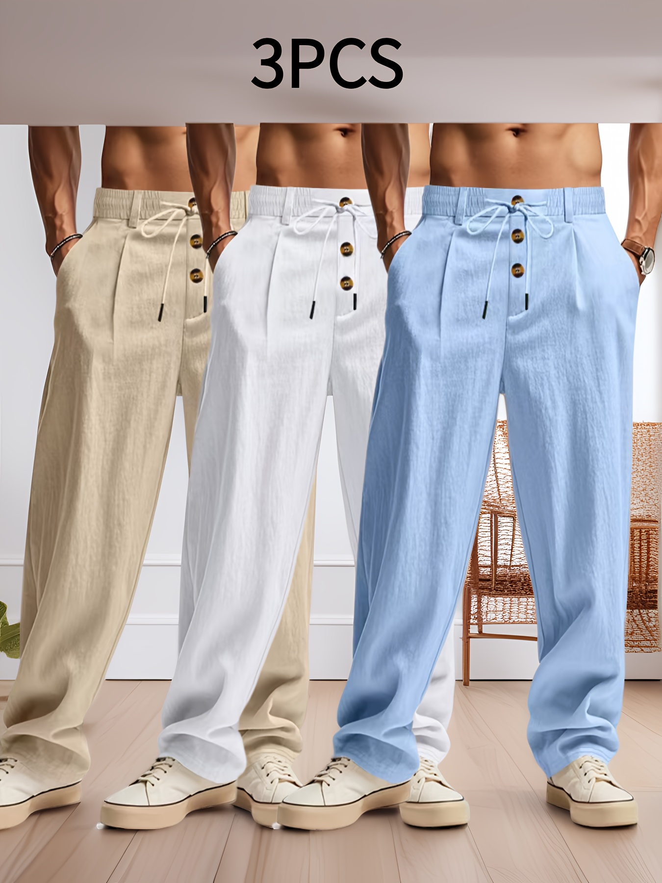 3pcs mens loose fit linen casual pants breathable and comfortable with adjustable drawstring elastic waistband machine washable for outdoor travel vacation daily