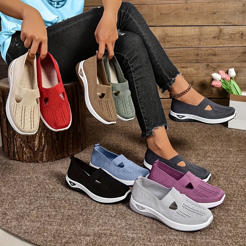 

Women' Breathable Knit Shoes, 2024 Slip-on Sneakers With Laces, Solid Color Low Shoes, Plain Toe With Fabric Upper, Inner & Insole, Pvc Sole