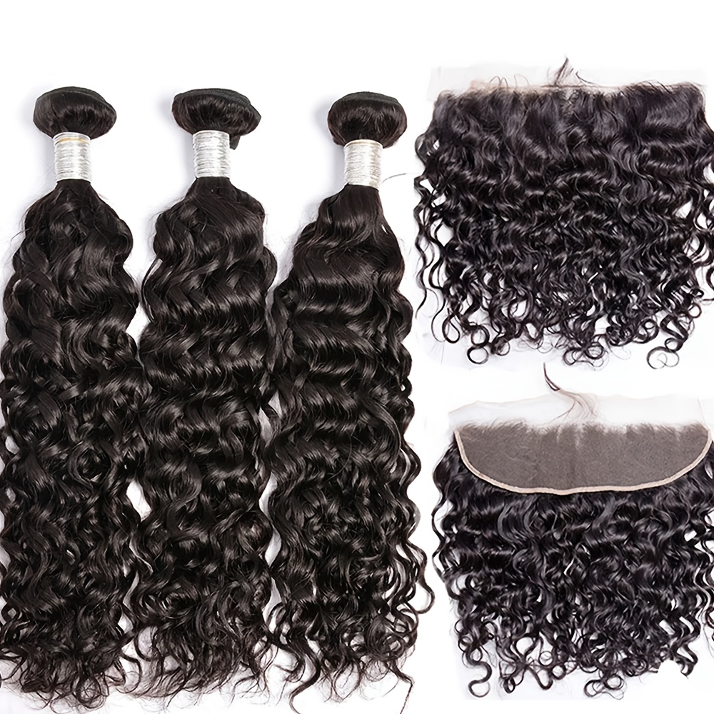 TEMU 3 Paquets de Extensions de Cheveux Humains Bouclés Mouillés et Ondulés 13X4 avec Fermeture Frontale en Dentelle
