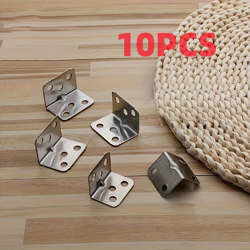 Image of Set Of 10 L-shaped Metal Corner Brackets Designed For 90-degree Right Angle Support, Ideal For Constructing Furniture Shelves. Durable Stainless Steel Joint Braces A Strong Assembly