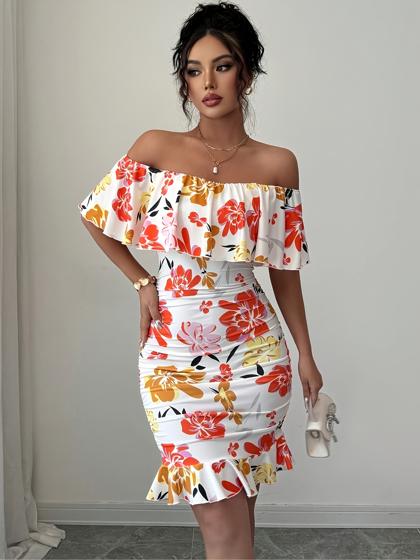 Breezaya Tropical Print Off Shoulder Ruffle Trim Ruched Bodycon Dress Vacation Beach Outfits Women