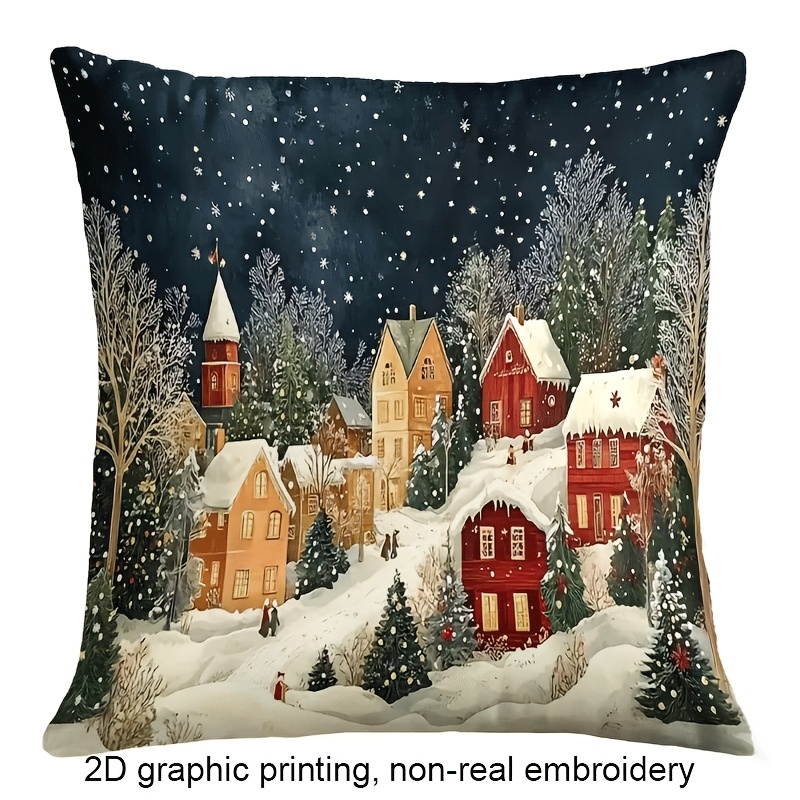 TEMU 2d Flat 1pc Double-sided Christmas Scene Pillowcase - Sofa Cushion Cover, Machine Washable, Suitable For Living Room Sofa, Office, Car, Bedroom