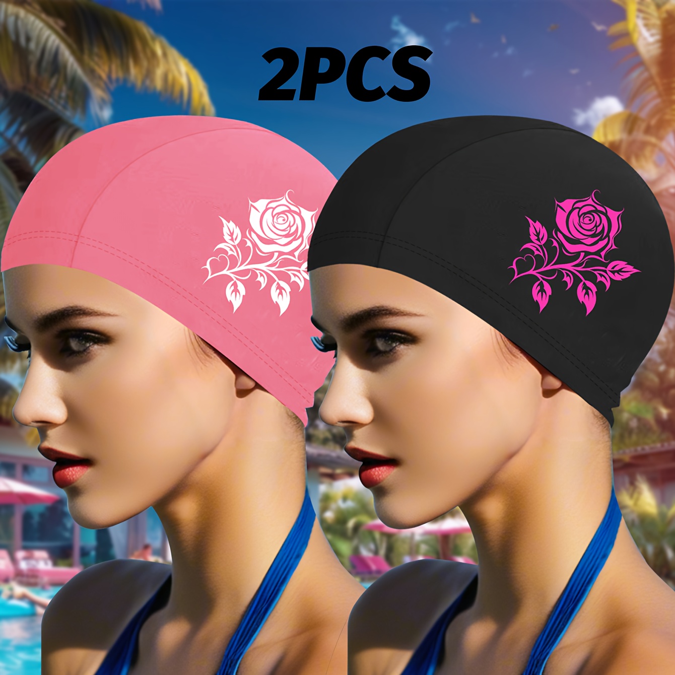 TEMU Women's Knitted Swim Cap, Fashionable Printed Breathable Swimming Cap, Stylish Women's Shower Cap, Long Hair Swim Cap