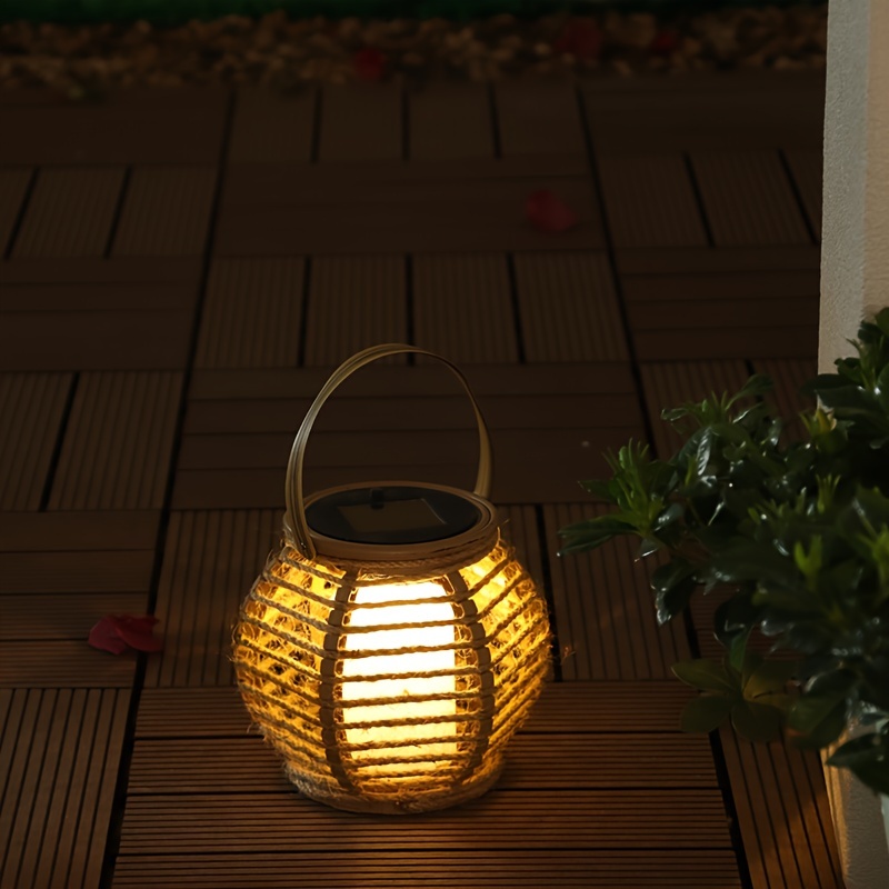 

1pc Solar-powered Led Lantern, Natural Hemp Rope Weave, Outdoor Atmosphere Lamp, Portable Handle Light, Suitable For Garden, Patio, Lawn Decor, And Camping, Plastic Material