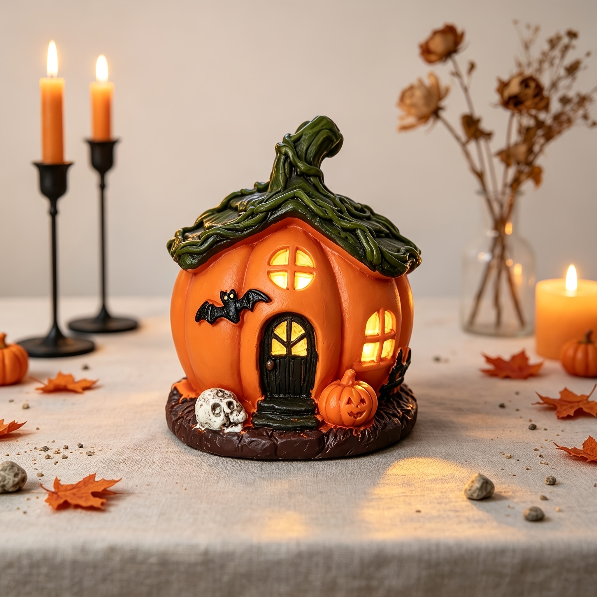 TEMU Halloween Light-up Ornament, Resin Glowing Pumpkin Cottage Statue With Bat And Miniature Jack-o'-lantern Decoration, A Spooky Autumn Atmosphere.