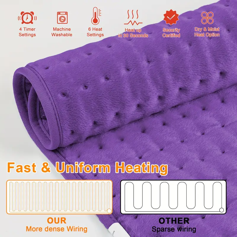 extra large heating pad - extra wide 24x12in (2x larger than most) with 6 temp settings (up to 150°f/65°c) & auto shut-off timer (2h), portable electric heating pad with plug- , machine washable for back, neck, legs, shoulders, knees, belly - ideal christmas gift for home, office, spa use - ideal for & everyday use, , cozy accessory, durable construction, adjustable , home Product details 5