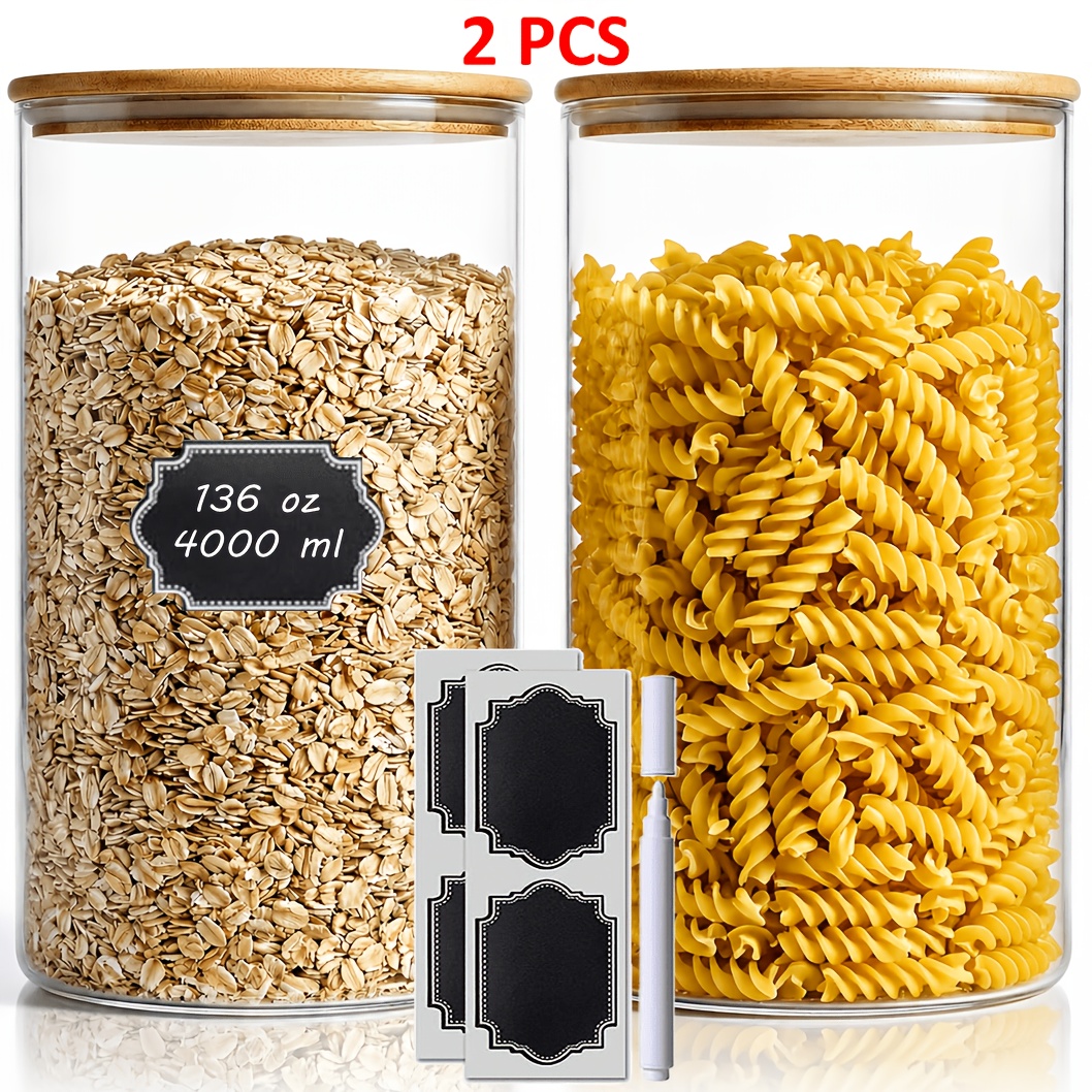 TEMU 2pcs Wide Mouth Flour Sugar Large Storage Containers, 136oz/4100ml Glass Storage Containers With Lids, Large Pantry Glass Jar With Lid, Big Jars