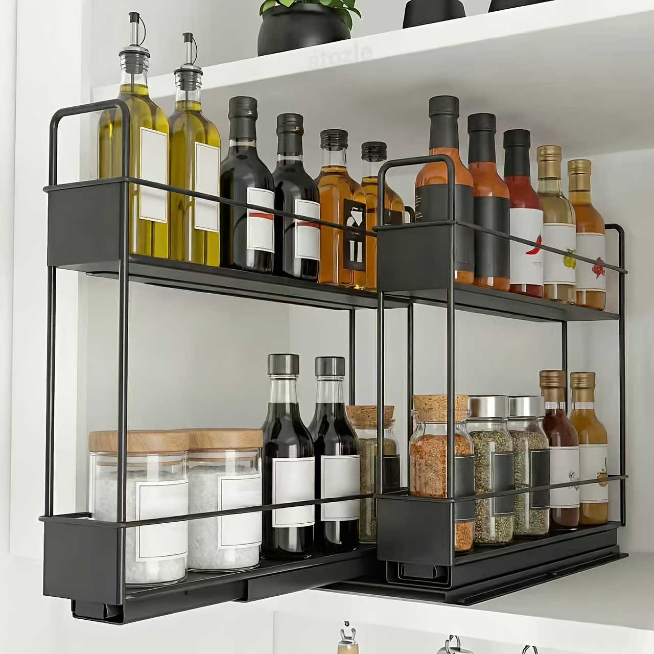 TEMU Heavy-duty Spice Rack Storage Box, Suitable For Cabinets - 2-layer Pull-out Storage Rack With Pull-out Shelves And Sliding Drawers, Space-saving