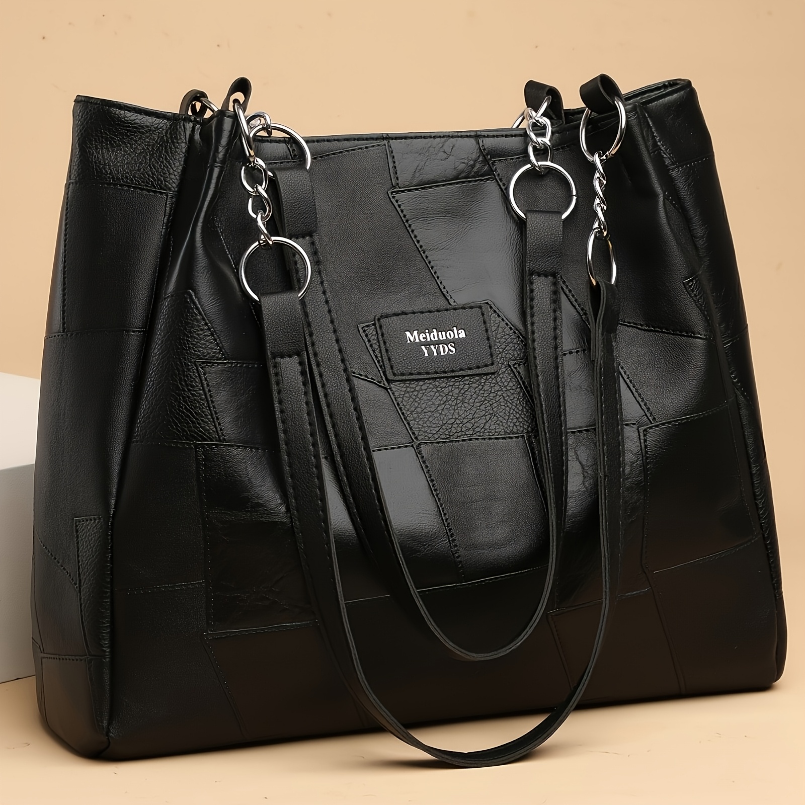 TEMU Sac à main tendance pour femme, synthétique, couleur unie, sangle d'épaule fixe et fermeture à glissière, grand sac , sac de transport , sac à