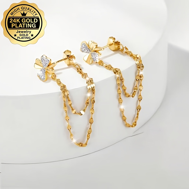 TEMU 1 Pair Of Women's Petal Double-layered Lip Tassel Stud Earrings, 24k Gold Plated With Shiny Dangling Chain, Classic Minimalist Clover Design,