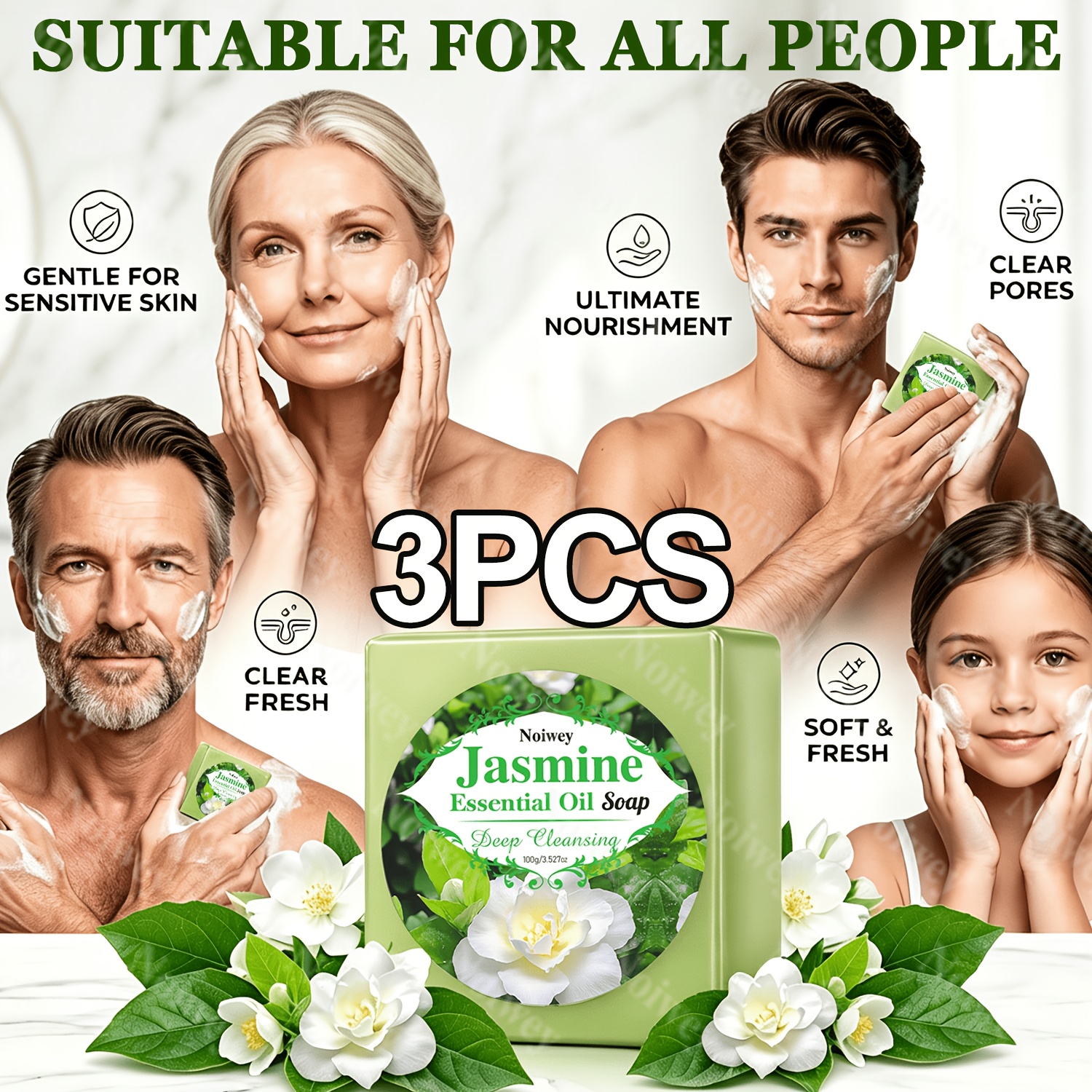 3pcs Jasmine Essential Oil Soaps for Moisturizing Cleansing