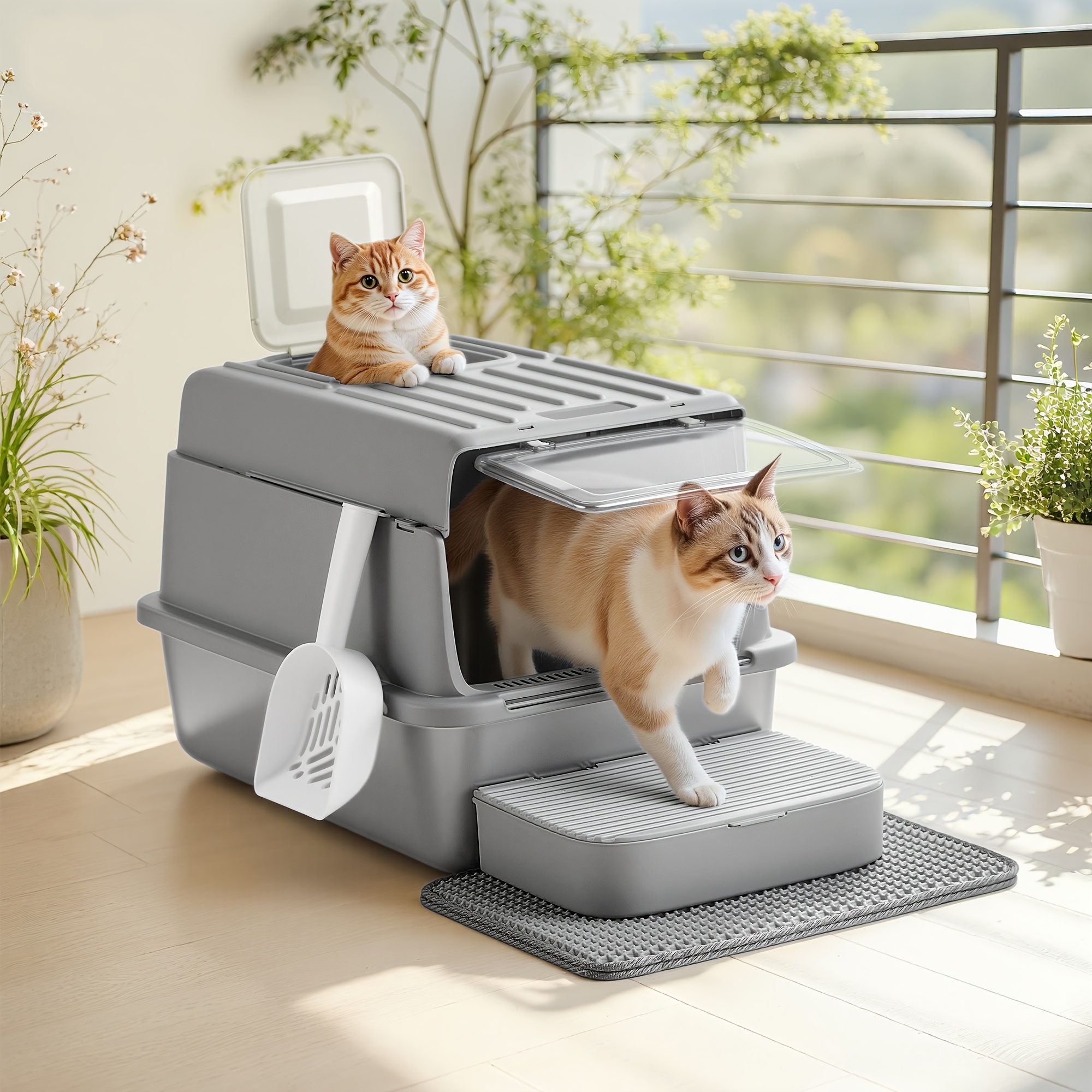 TEMU Litière pour chat en métal avec double porte, couvercle rabattable, pelle, tapis de litière, pour grands chats, gris