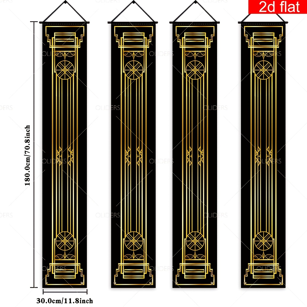 TEMU 2d Flat, 2d Flat - 2d Flat, 2d Flat - 2d Flat Banner, 4pcs, Black And Golden Themed Porch Banner, Polyester, Suitable For Celebration Birthday