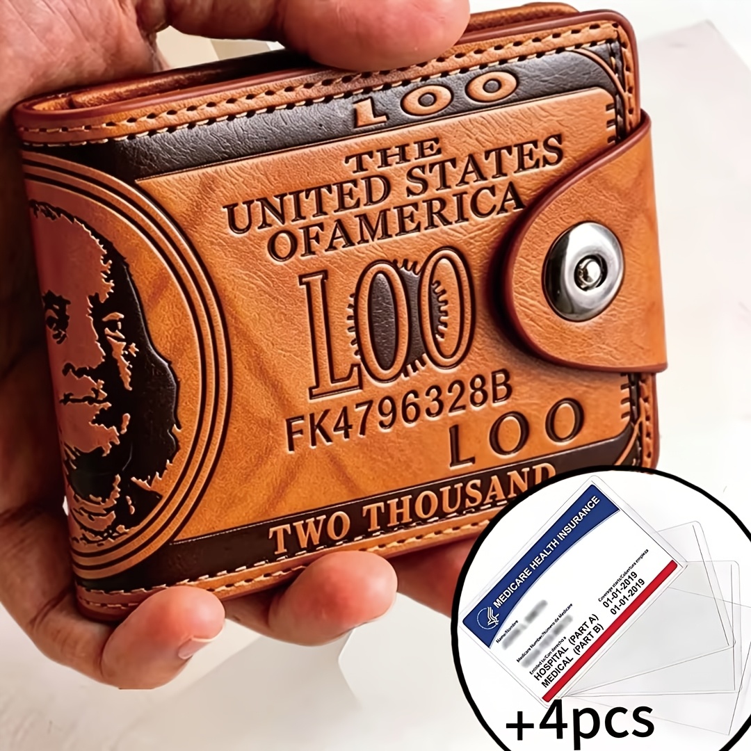 TEMU 5pcs Retro-style Wallet Featuring A $100 Bill Design And Multiple Card Slots—a Slim, Unisex Snap-closure Coin Purse With 's Portrait; A Durable