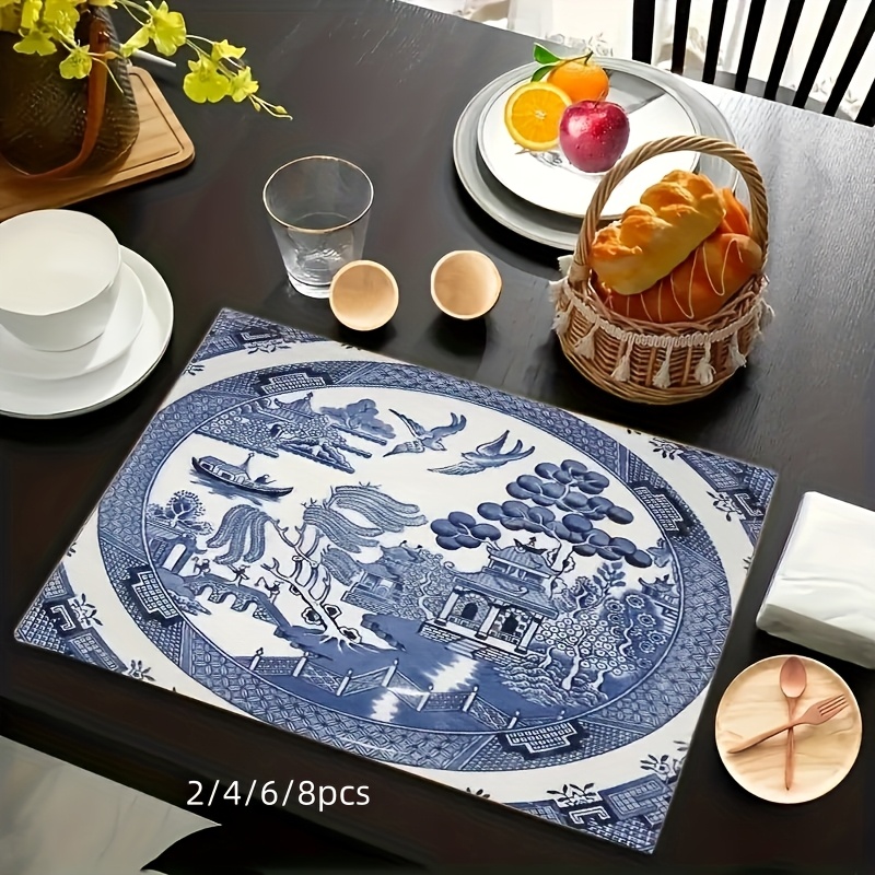 

2/4/6/8pcs Traditional Chinese Blue Patterned Linen Table Mats - Home Kitchen And Dining Room Decor, Holiday Party Table Decor, Home Decor