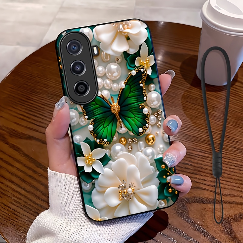 TEMU Phone Case - 2d Flat, 2pcs Set: Includes 1 Phone Case And 1 Strap, Floral Pattern Phone Case, Suitable For Huawei Nova Y70, Unisex Lanyard Phone