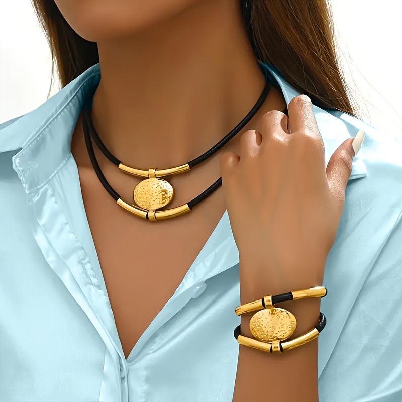 TEMU 2pcs Bohemian Style Vintage Oval Pendant Necklace And Bracelet All-match Women's Set