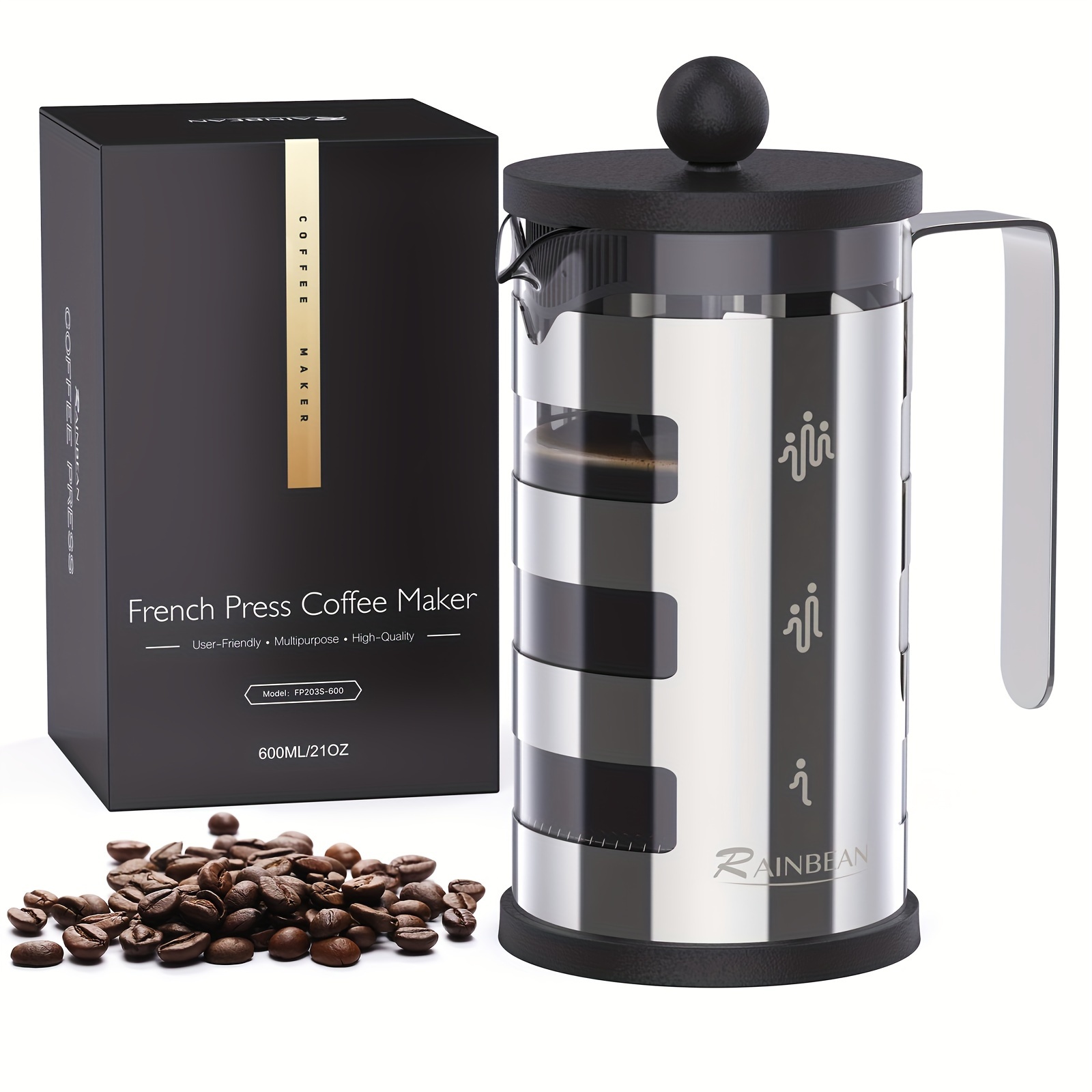 TEMU Rainbean French Press , Stainless Steel Body Shell Coffee Maker- Heat Resistant - Stainless Steel Filter Coffee Press For Coffee Lover (silver)