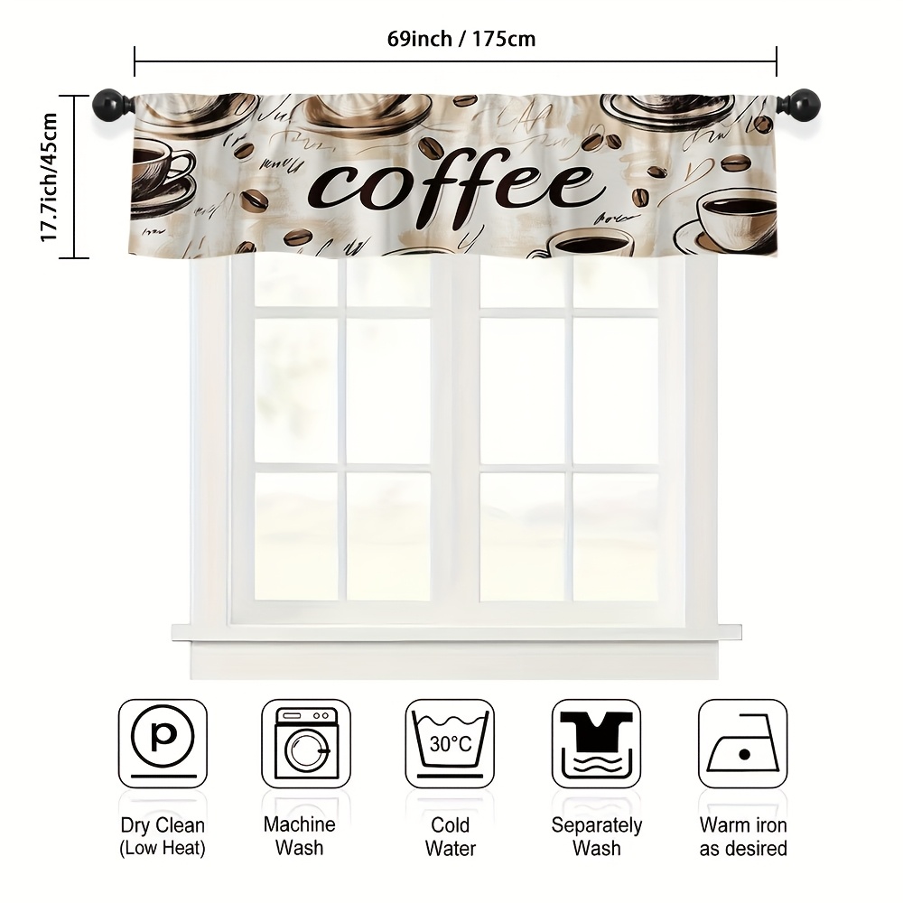 TEMU 1pc Coffee Elements Print Short Valance - Retro Coffee-themed Rod Pocket Curtain With Coffee Cups & Beans Design, Semi-translucent Polyester,