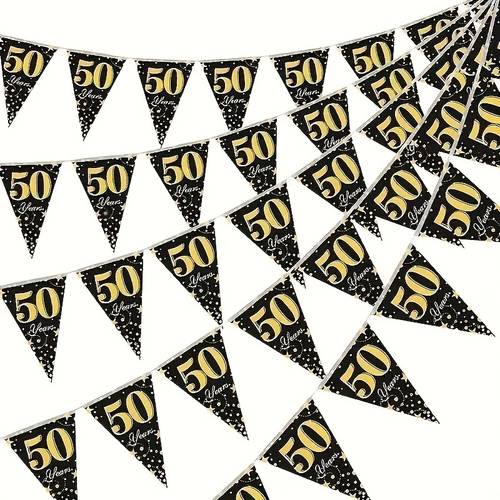 12 pack elegant 50th birthday party banners black and golden triangular flags suitable for anniversary celebrations no power required 7 4x10 8 inches