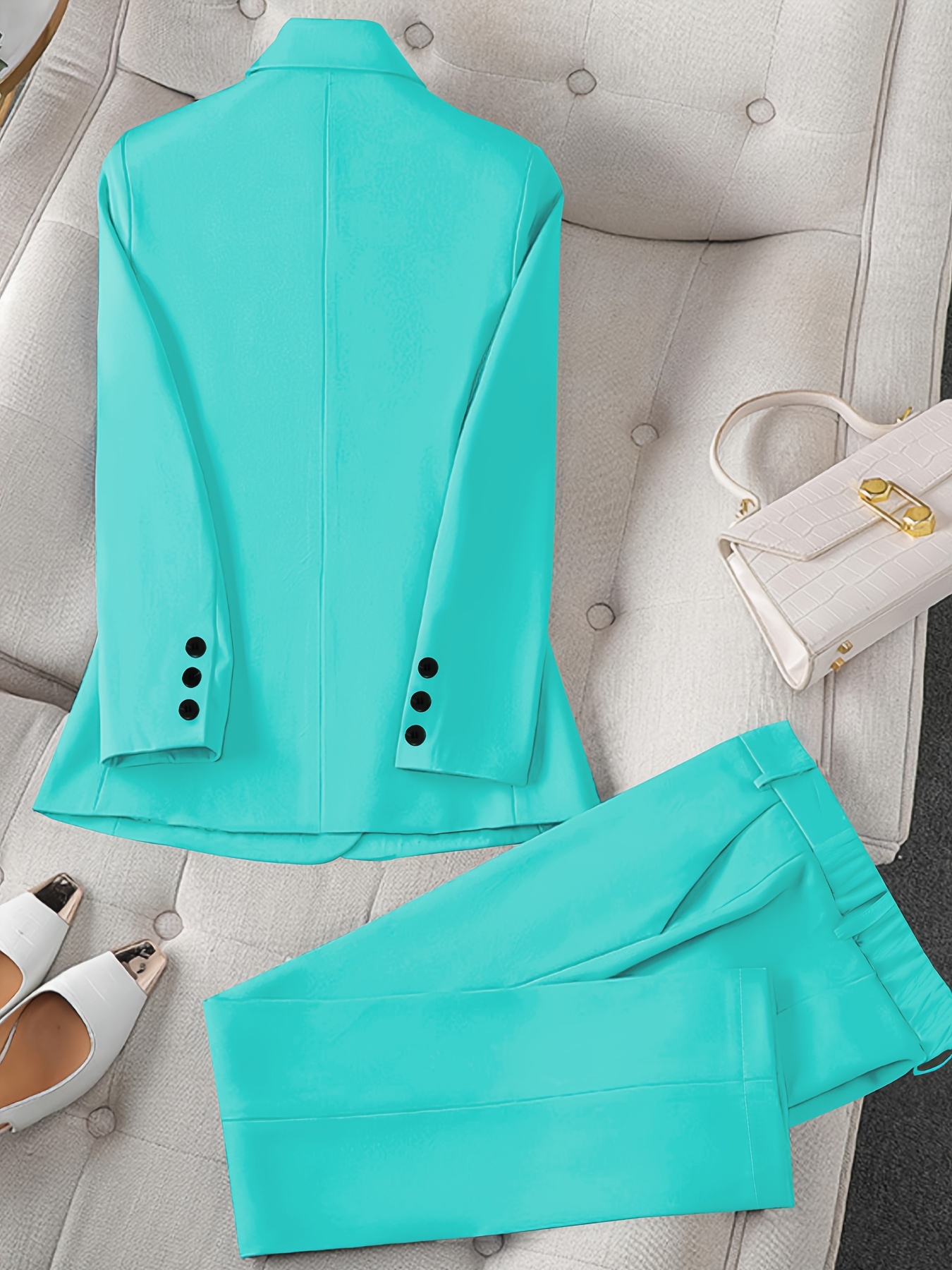 Women'S Casual Two-Piece Set, Fashionable Business Style, Solid Color Long Sleeve Blazer and Pants, Polyester, Button-Up, Regular Fit, with Weekend Casual Wea