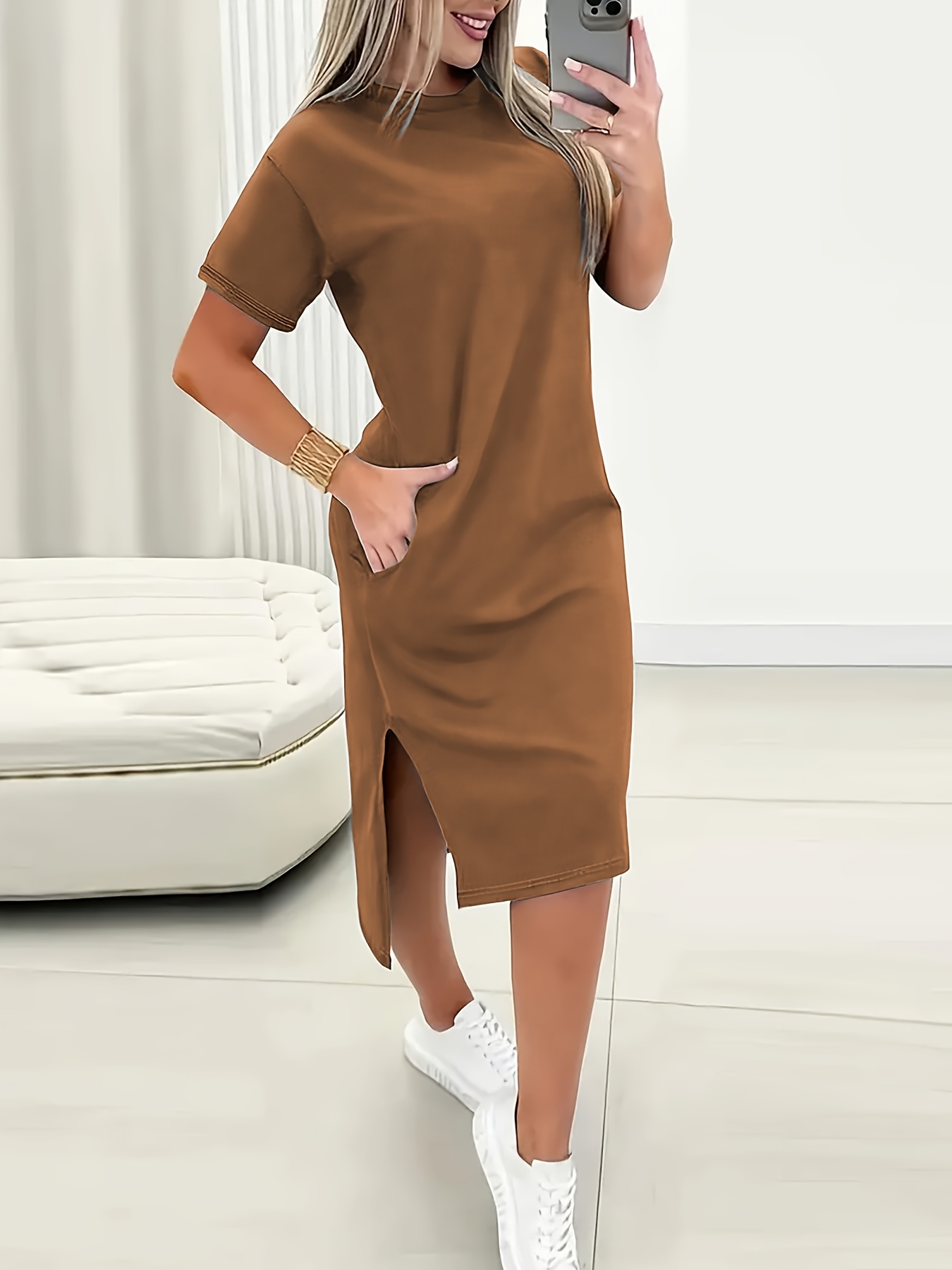 Women'S Casual Solid Asymmetrical Round Neck Short Sleeve Side Slit Dress