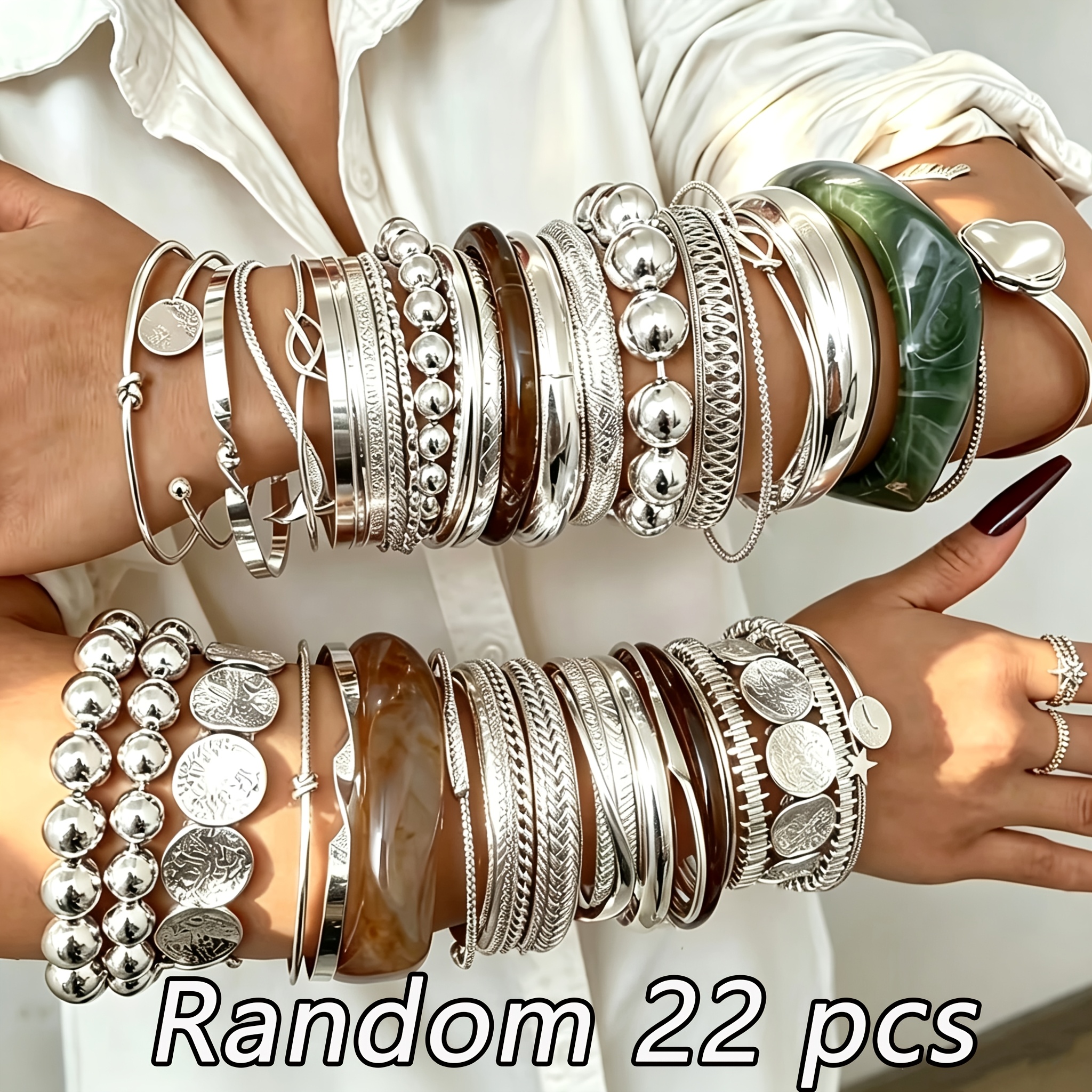 TEMU Juego aleatorio de 22 piezas de pulseras de metal plateado con diseño de nudos de bambú para mujer, pulseras apilables de moda para fiestas,
