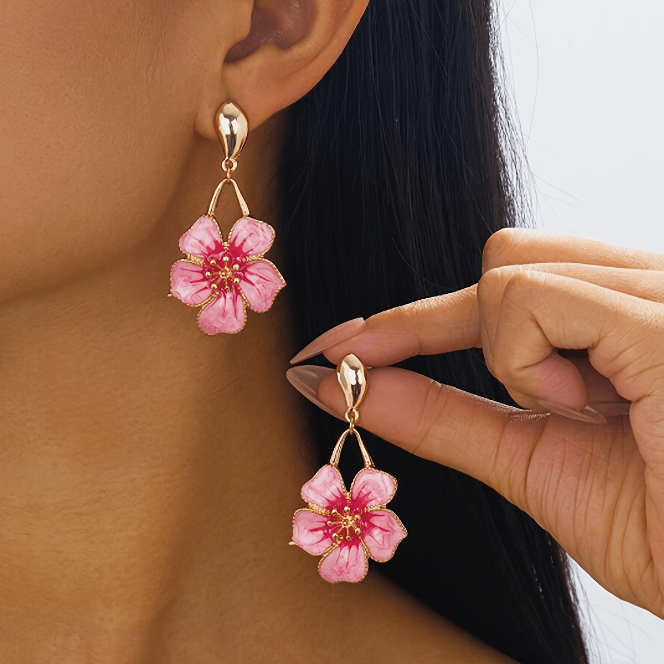 TEMU 1 Pair Of Elegant Retro Handmade Tie-dye Gradient Pink/elegant Earrings Asymmetrical Five-petal Flower Pendant Earrings, Suitable For Women'