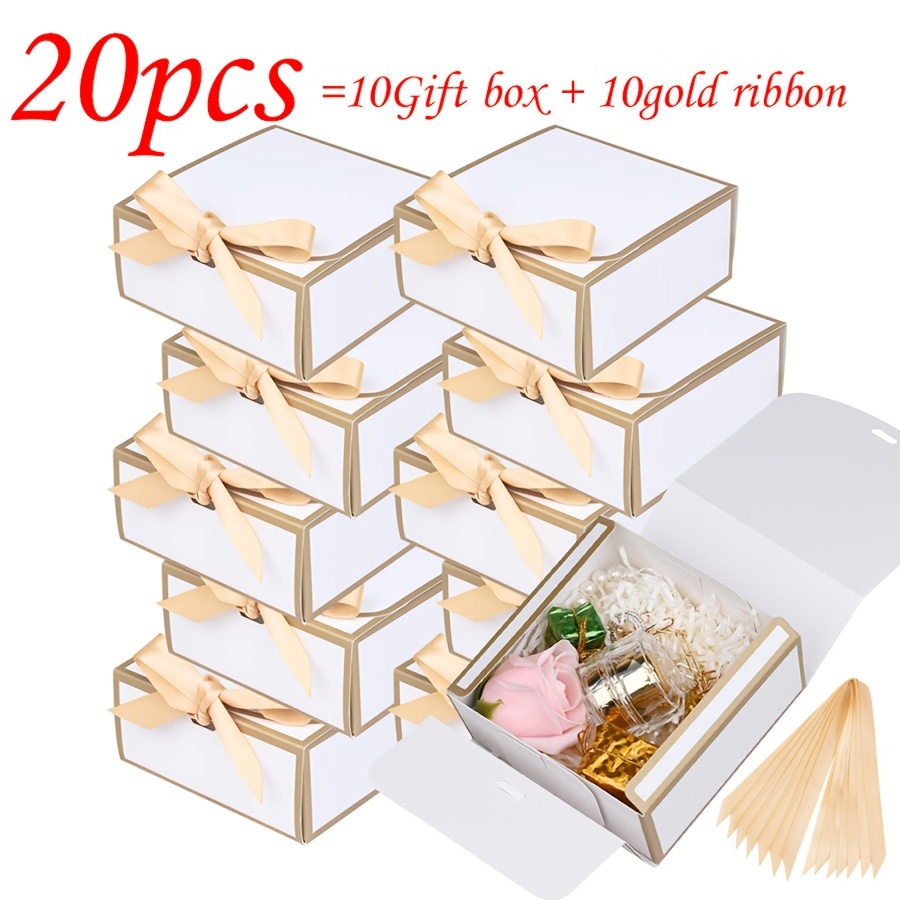 E-shop Geschenk für Sie/Ihn 20er Packung Elegante Kleine Geschenkboxen mit Deckel, Weiß, Elegante Goldene Verzierungen, Goldenes Band, 4.5''X4.5''X2''