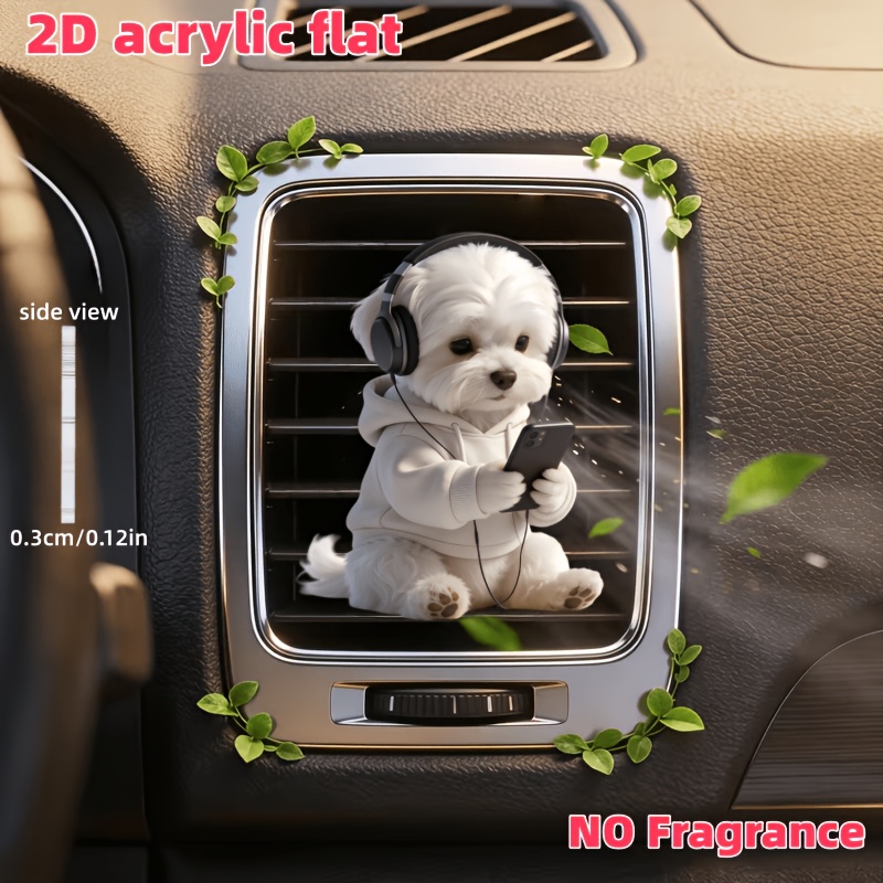 TEMU Decorazione a clip per bocchetta 'aria 'auto, 1 pezzo, con motivo di cane maltese che indossa delle cuffie e con un telefono, "senza ", un