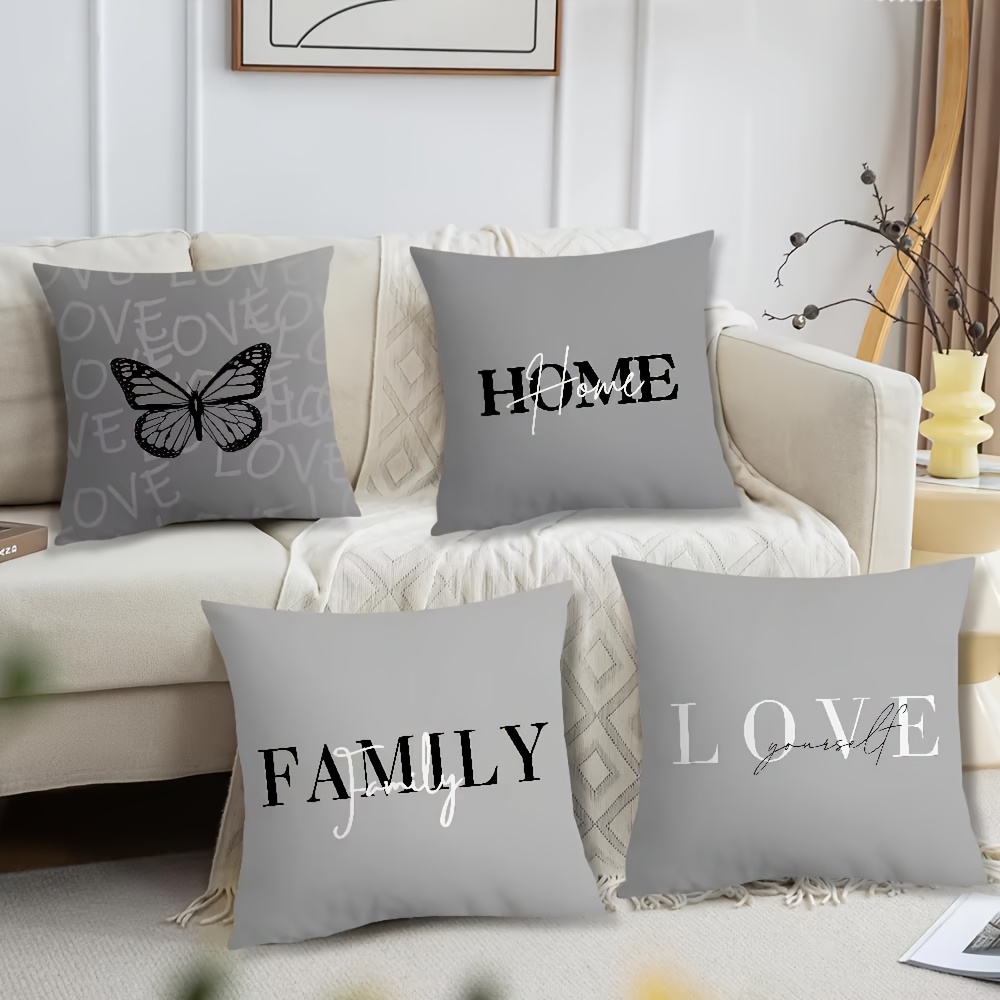 TEMU Lot de 4 housses de coussin, simple et , impression 2D à plat, fond avec "HOME/FAMILY/LOVE" en anglais et motif papillon, style moderne, douces