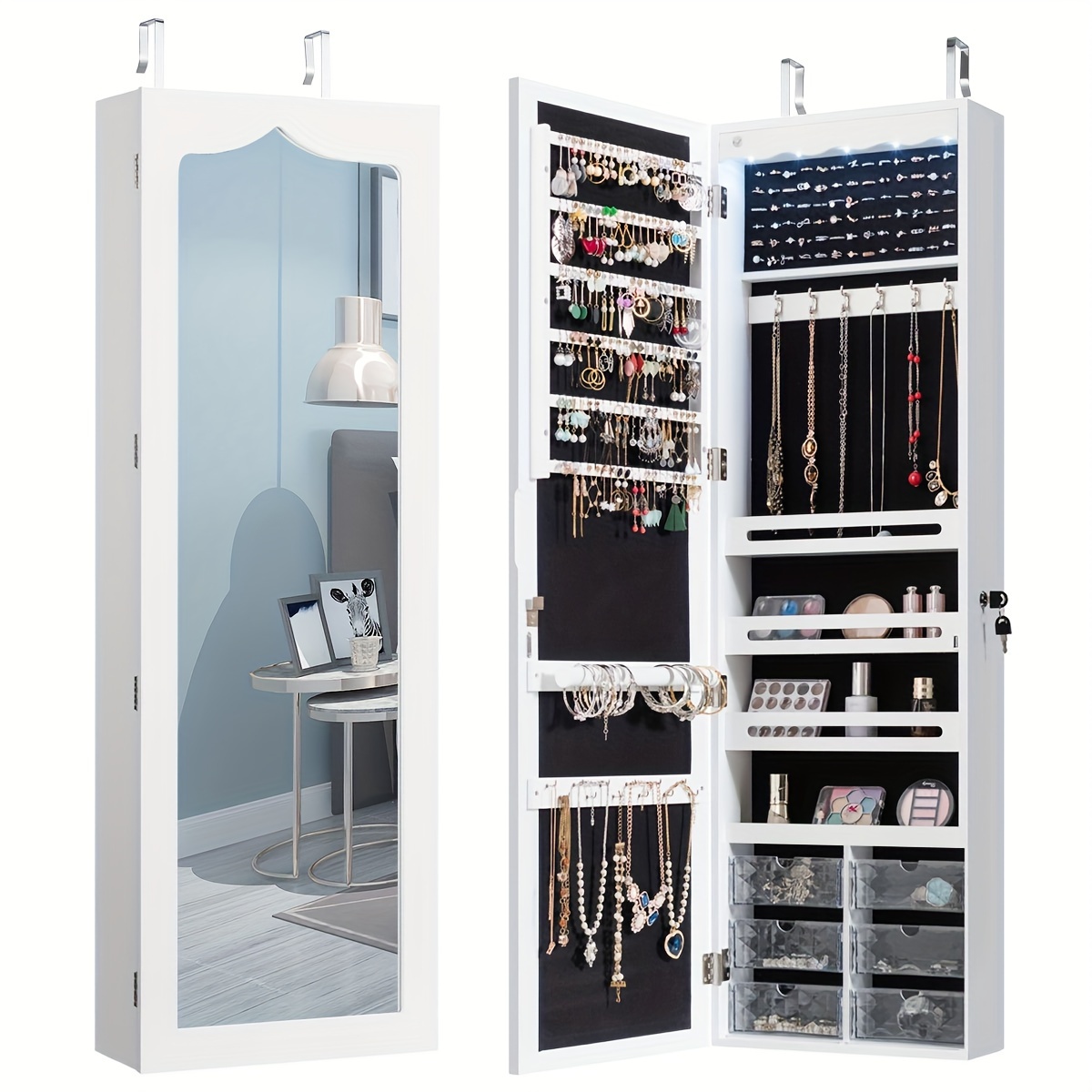 

Wall Door Mounted Led Mirror Jewelry Cabinet Armoire Organizer W/6 Drawers White