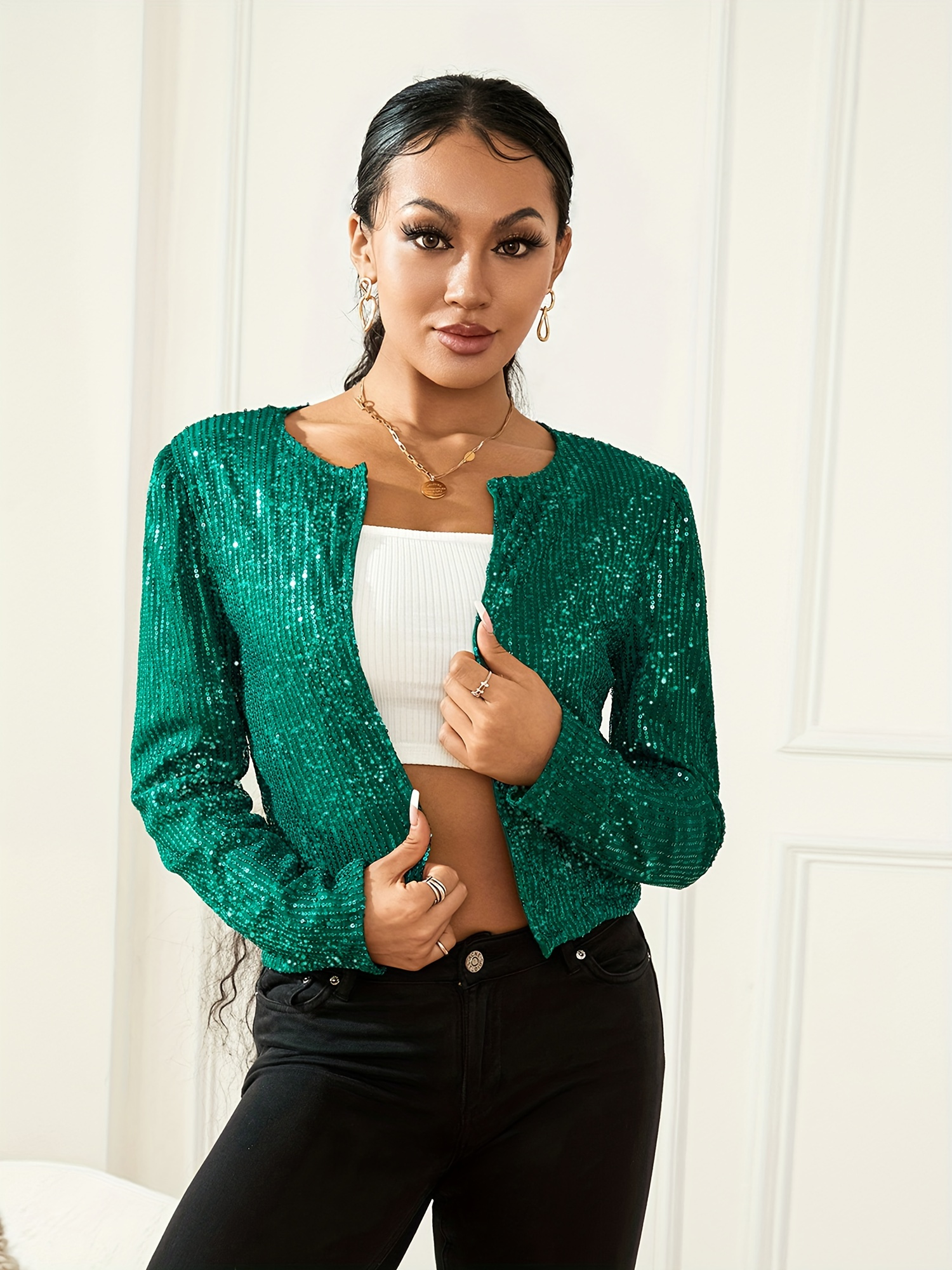 women sequin jacket solid color long sleeve open front crop