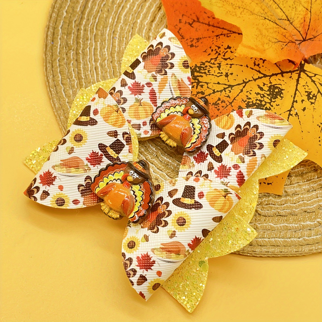 

2pcs Sparkling Turkey & Maple Leaf Hair Bows - Autumn-themed Clips For Teens, Handmade Polyester Barrettes