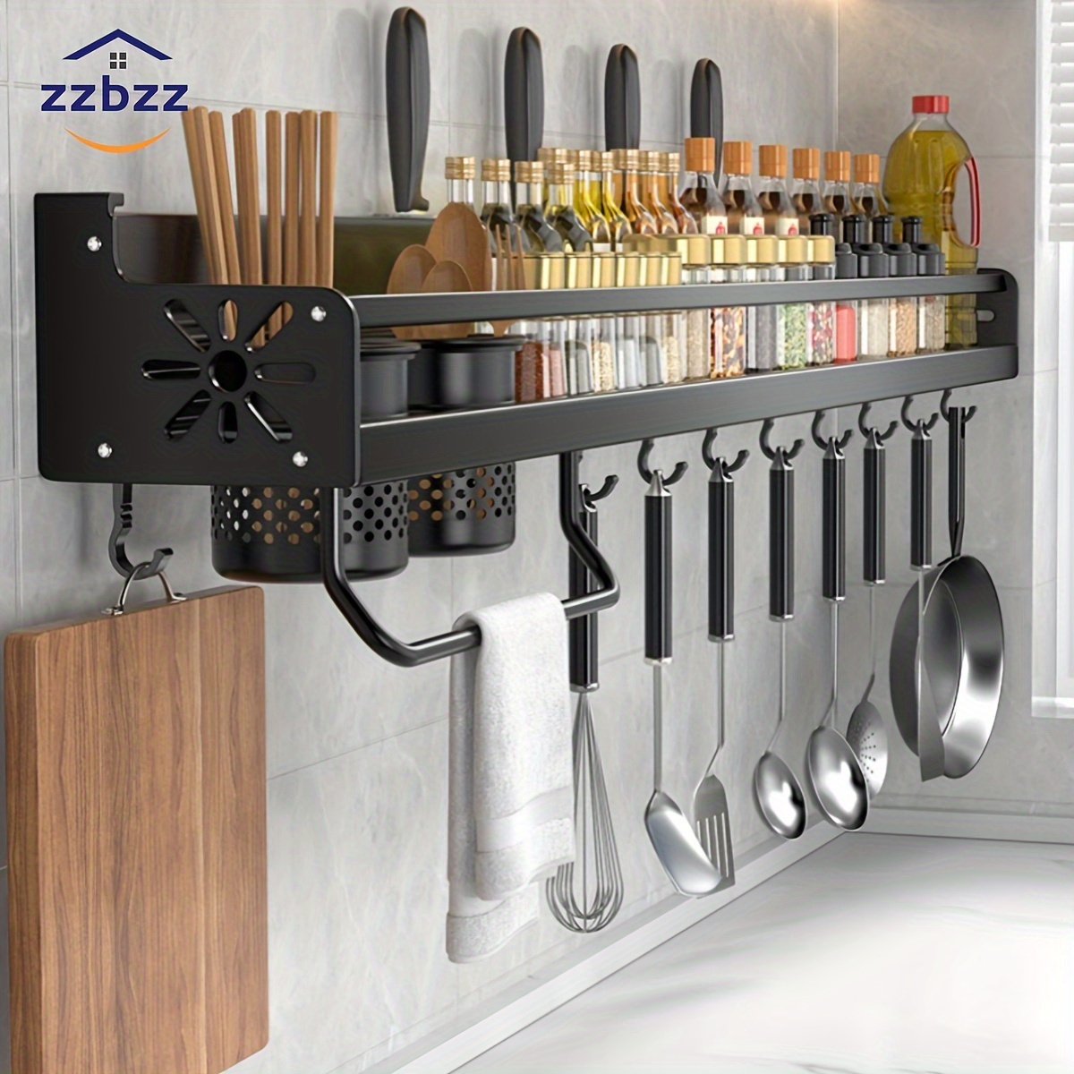 

1pc Zzbzz Wall Mounted Metal Kitchen Shelf - Modern Elegant Style, Black, With Knife Holder & Utensil Hanging Hooks, Material, For Indoor Use / Home Decor, Ideal For Food Supply Equipment And Supplies