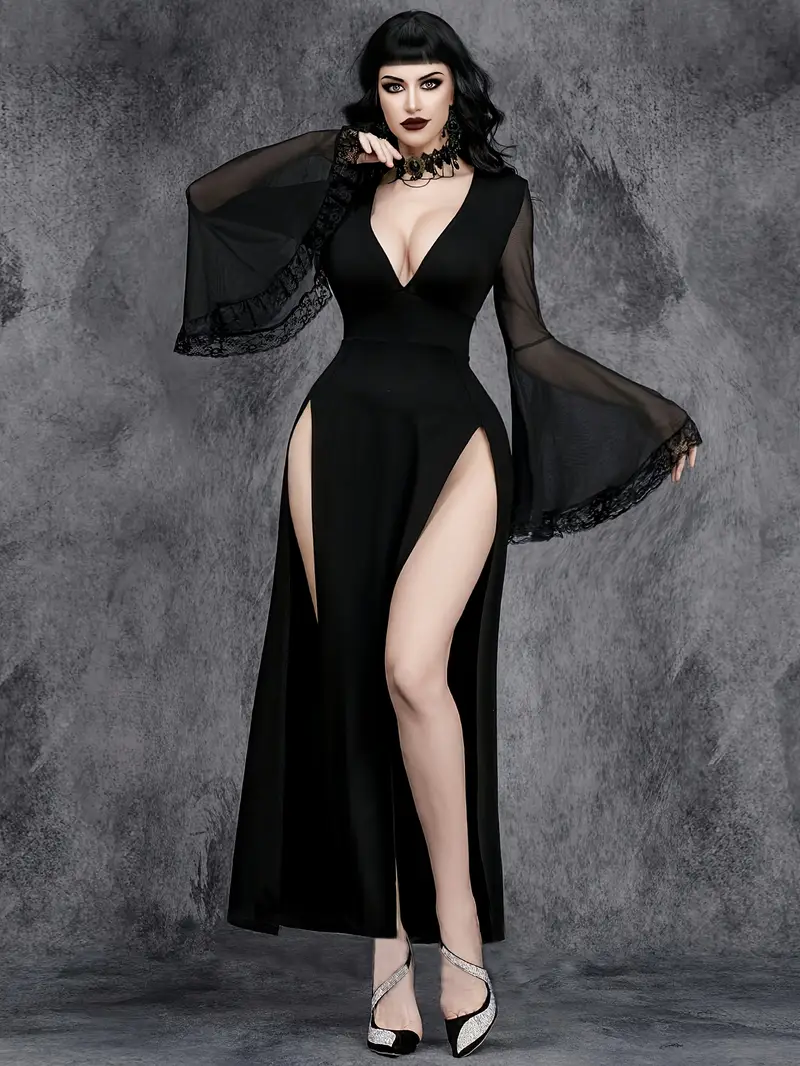 a womens gothic v neck high slit lace trimmed party - Temu a womens gothic v neck high slit lace trimmed party - Temu