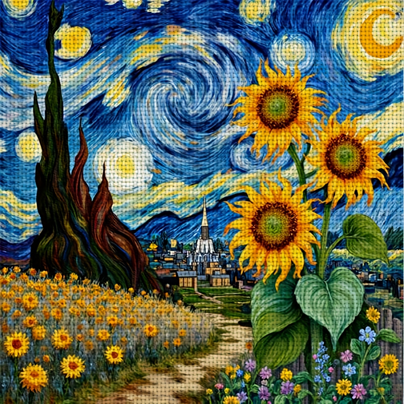 TEMU 1pc Diy Stitch Print Kit, Frameless, "van Gogh Starry Night Sunflowers" Pattern, Perfect For Beginners' Relaxing Craft Time, Experience The Full
