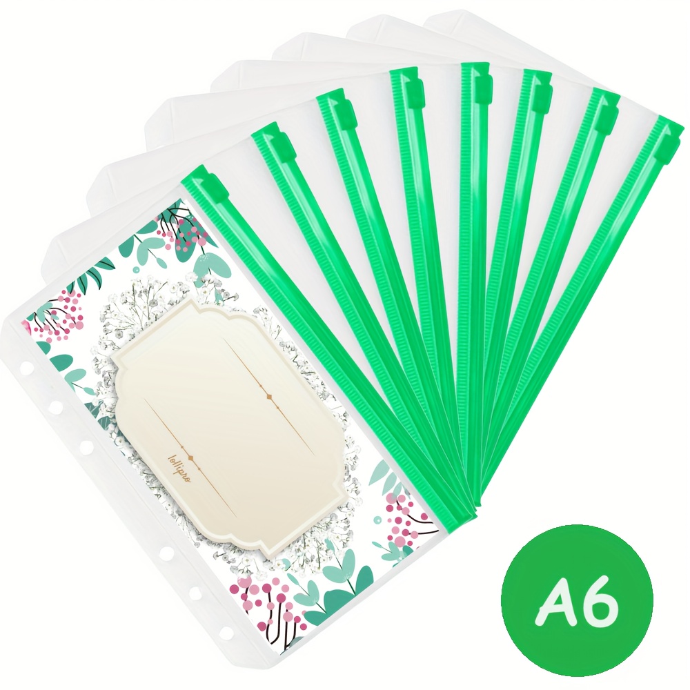 TEMU Tasche per raccoglitore A6 per gestione del budget, 8 pezzi, buste con zip in PVC ricaricabile a 6 anelli, possono contenere banconote, monete,