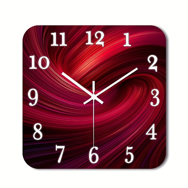 E-shop Moderne Leise Nicht-Tickende Wanduhr - Quadratischer Holzrahmen mit HD Glänzender Laminierung & Rotem Wirbelzifferblatt - Minimalistisches
